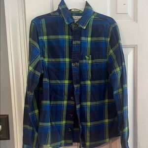 Boys Abercrombie Kids Navy and Lime Plaid Flannel Shirt Size XL